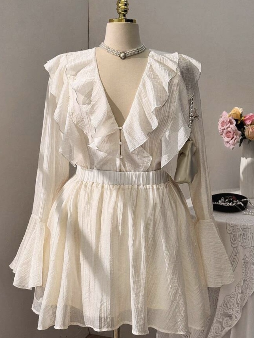 Plus Size Ruffled V-Neck Long Sleeve Blouse with mini skirt Apricot color